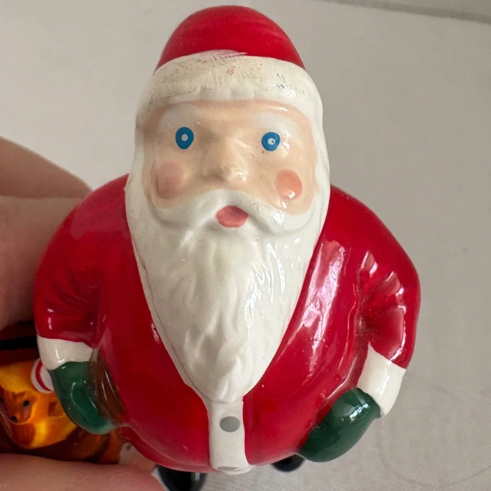 Vintage Ceramic Santa Claus Figurine with Toy Sack‎ and Teddy Bear 3.75 Inch